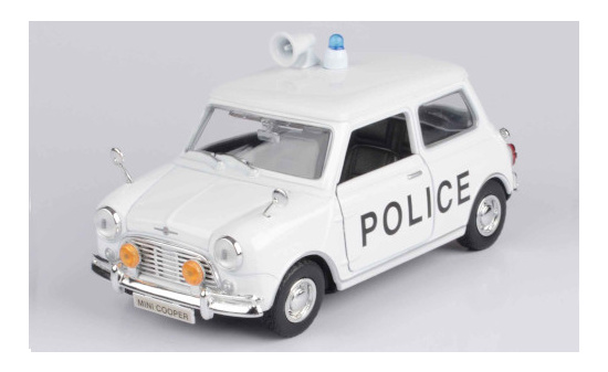 Motormax 79742 Mini Morris Cooper, weiss/Dekor, RHD,  Police, Polizei (GB), 1961 1:18
