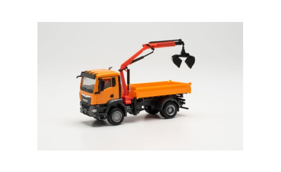 Herpa 314671 MAN TGS NN Dreiseitenkipper mit Ladekran und Zweischalengreifer, kommunalorange 1:87