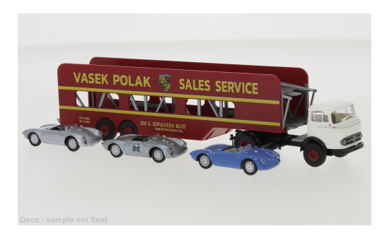 Brekina 48045 Mercedes LPS 338 Autotransport-SZ, Vasek Polak, mit 3 Ricko-Modelle, 1960 1:87